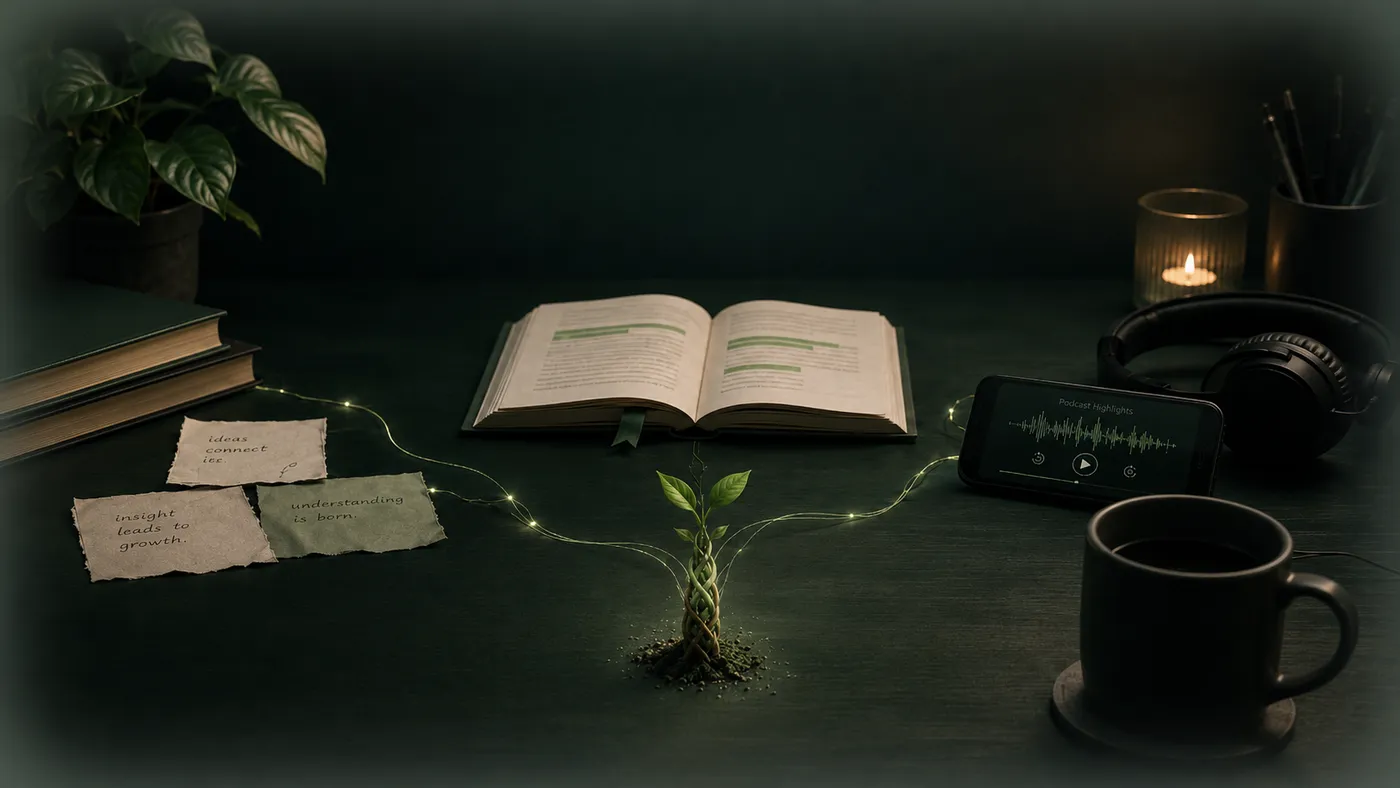 An open book on a desk sprouting a seedling, glowing green threads linking it to a stack of books, handwritten notes, and a phone playing an audiobook.