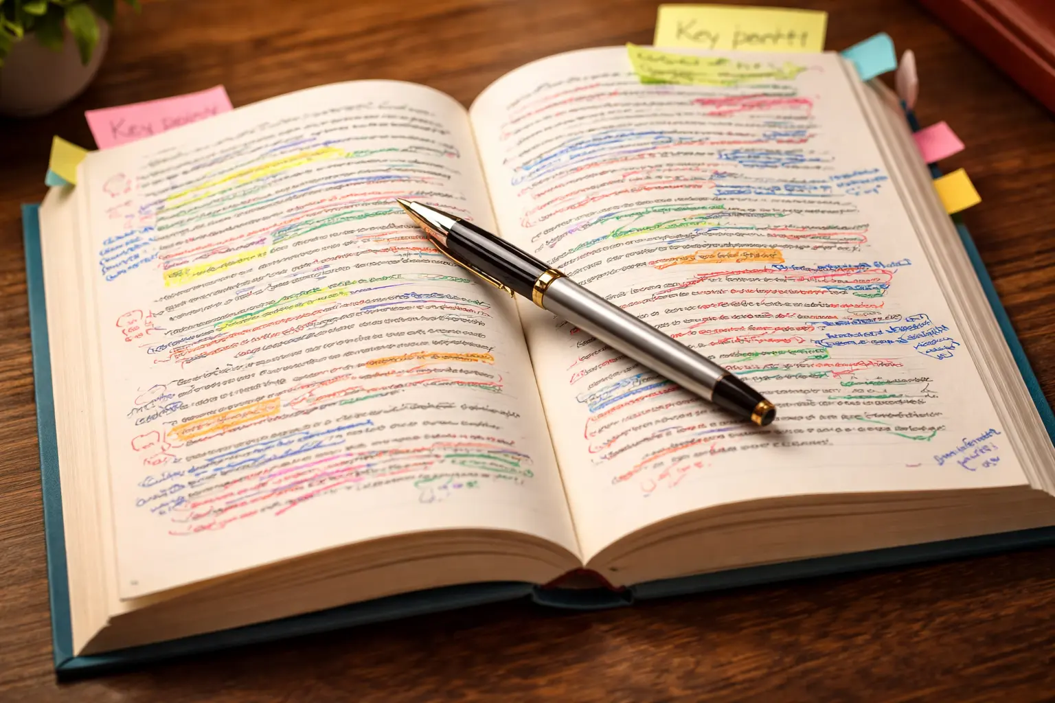 An annotated open book with multi-colored highlights and sticky note tabs in the margin.